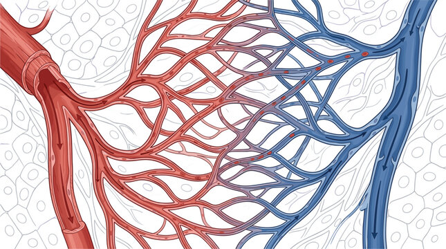 Human blood circulatory system diagram showing artery capillary network and vein with flow arrows vector illustration