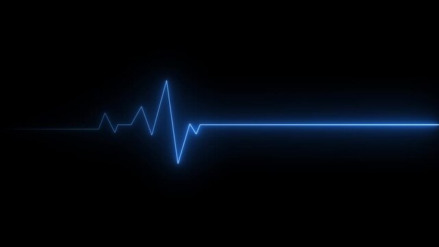 Glowing blue neon heart pulsating with electrocardiogram line on black background medical cardiology health 4K HD video.