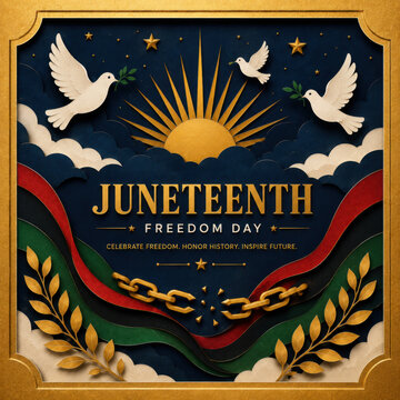 Decorative Juneteenth celebration poster with three white doves, olive branches, sunburst, broken chain, laurel leaves, gold stars, ornate frame and rich red, navy, green palette