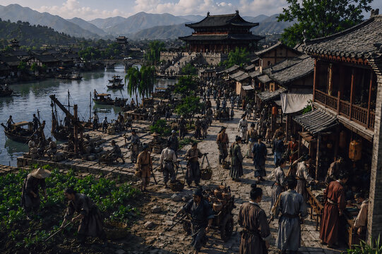 Bustling ancient Chinese river town marketplace with traditional palace architecture