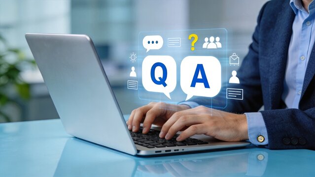 Businessman typing on laptop with QA question and answer hologram, software testing concept