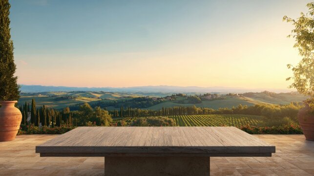 Elegant stone terrace with a simple wooden table overlooking endless Tuscan vineyards, golden sunset, luxury travel lifestyle concept, hyper