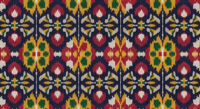 Colorful ethnic ikat textile design with seamless geometric floral motifs