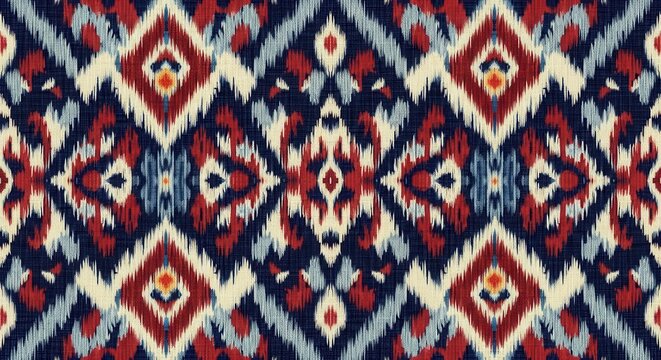 Traditional seamless ikat ethnic pattern with navy blue and red geometric shapes for textile background.