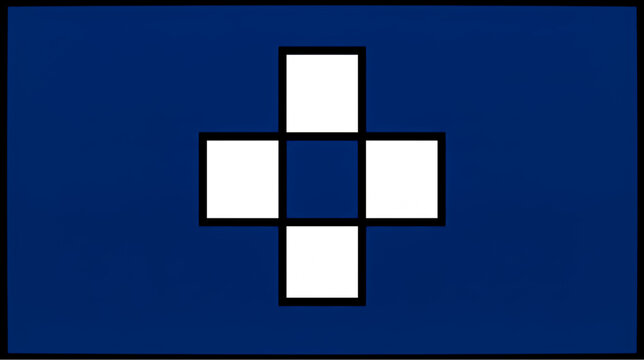 Blue flag with a white cross symbol made of four squares surrounding a central blue square