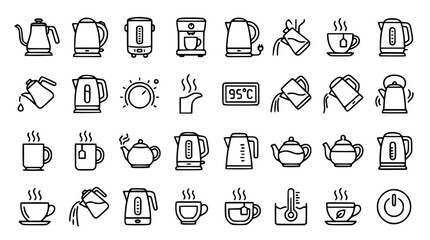 Fototapeta premium Electric kettle and hot beverage line icon set featuring teapots coffee makers boiling water cups and mugs vector illustration collection
