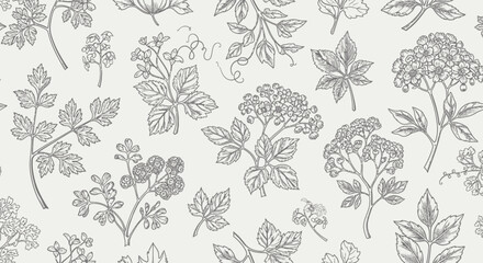 Fototapeta premium Botanical Sketch Seamless Pattern: Vintage Floral Illustration, Hand-Drawn Leaves and Flowers