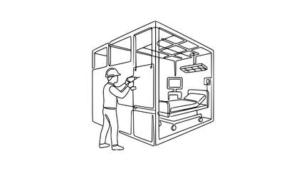 Fototapeta premium Construction worker installing medical equipment in modern hospital room