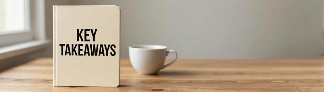 Beige Hardcover Book Standing Upright On Left Side Of Wooden Table With Spine Facing Towards Title Key Takeaways Prominently Displayed