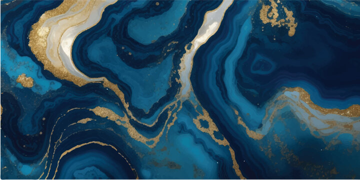 Deep blue marble texture with golden veins and splatters. Abstract background resembles flowing water, stone surface, or galaxy nebulae. Elegant organic pattern for luxurious design projects.