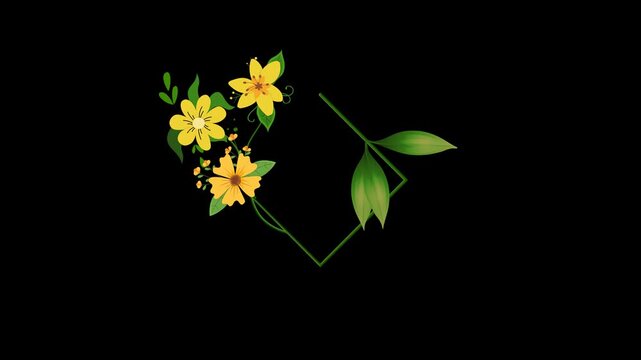 Elegant floral frame animation featuring blooming yellow flowers and growing green leaves around a diamond geometric border on a transparent alpha channel background