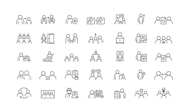 A comprehensive set of team management and employee lifecycle icons covering collaboration, roles, performance, created in line style with editable stroke