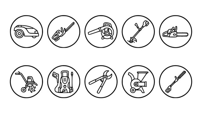 Power garden tools and outdoor lawn maintenance machinery line icons vector set featuring lawnmower chainsaw blower trimmer shredder