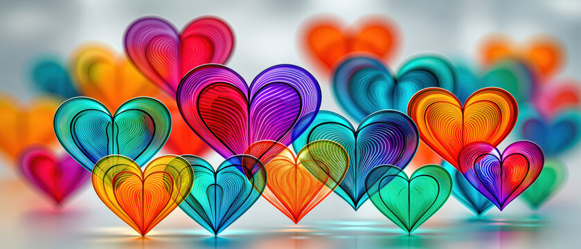 Translucent multicolored glass hearts floating across soft neutral background with glossy layered concentric details, vibrant reflections, elegant decorative arrangement, luminous depth, clean