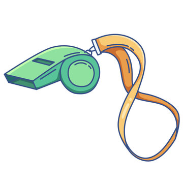 Green plastic referee whistle with a yellow neck lanyard strap