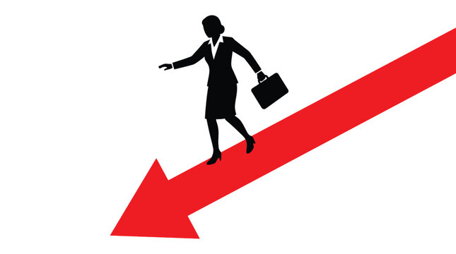 Professional businesswoman silhouette walking down a bright red downward pointing arrow vector graphic design illustration concept