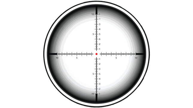 Minimalist vector illustration of a circular rifle scope reticle with precise measurement markings and red dot