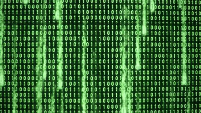 Matrix style green binary code falling on black background.