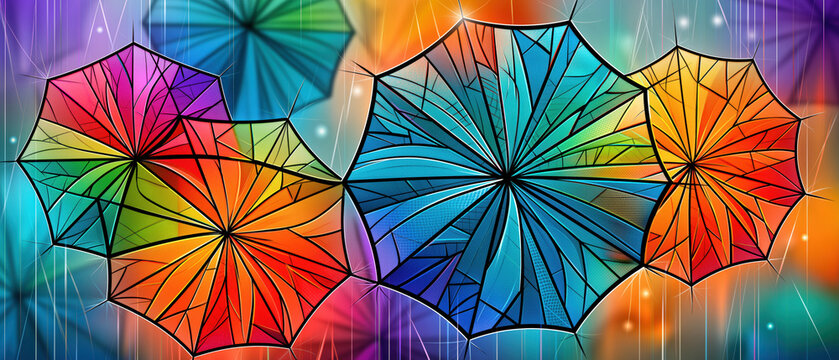 Top view of colorful umbrellas forming geometric mosaic pattern, vibrant rainbow palette, radial symmetry, glossy highlights, decorative arrangement, abstract background with clean modern look