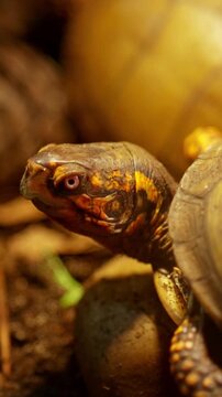 Three toed box turtle looking around its natural habitat