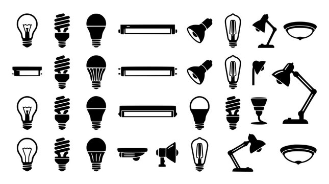 Electric lamps and light bulbs silhouette icons mega vector set featuring incandescent led cfl fluorescent tube desk lamp spotlight fixture