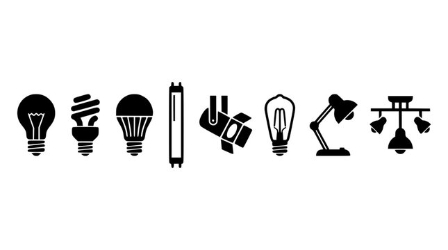 Light bulbs and electric lamps silhouette icons vector set featuring incandescent led cfl fluorescent spotlight desk lamp chandelier
