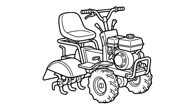 Riding power tiller and motorized rotary cultivator vector line art illustration for agricultural garden soil cultivation design element