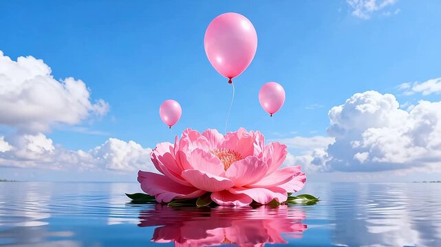 Pink flower with balloons floating on water