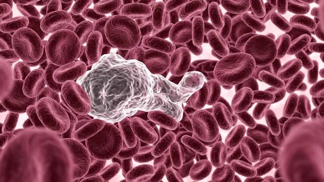White blood cell interacting with red blood cells bloodstream showing immune system cellular activity microscopic view fighting infection detailed