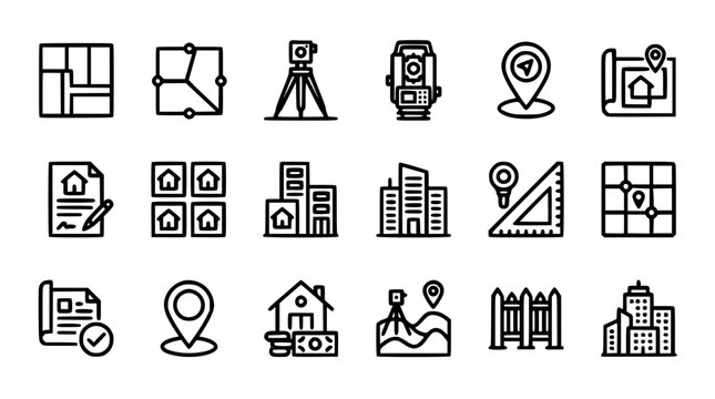 Land surveying and real estate development outline icons set with map grid total station theodolite blueprint ruler property fence