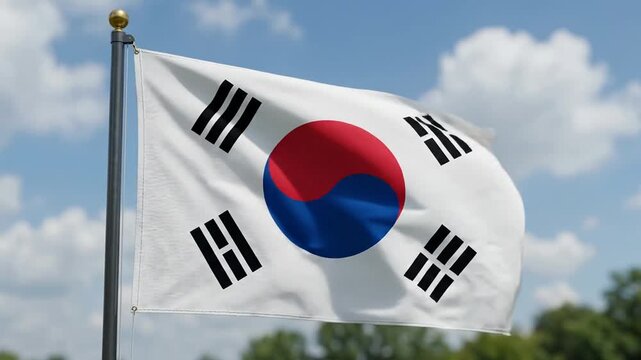 South Korean national flag gently waves in the wind under a blue sky with clouds