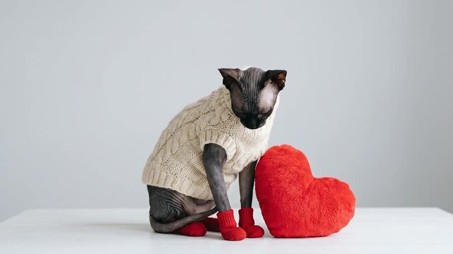 Sphynx cat wearing sweater and socks sits next to a red plush heart