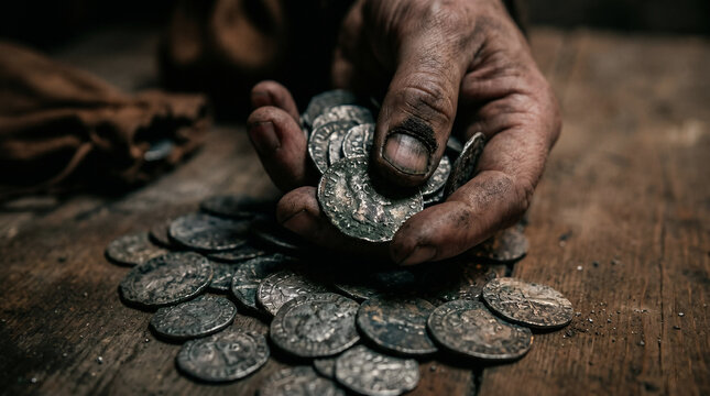 Two men present silver coins to another man. Biblical scene of betrayal for money. Religious imagery for Easter