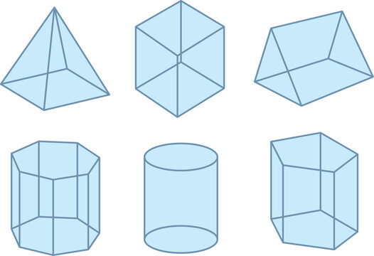 Isometric geometric shapes: pyramid, cube, dodecahedron, cylinder, and prism in light blue