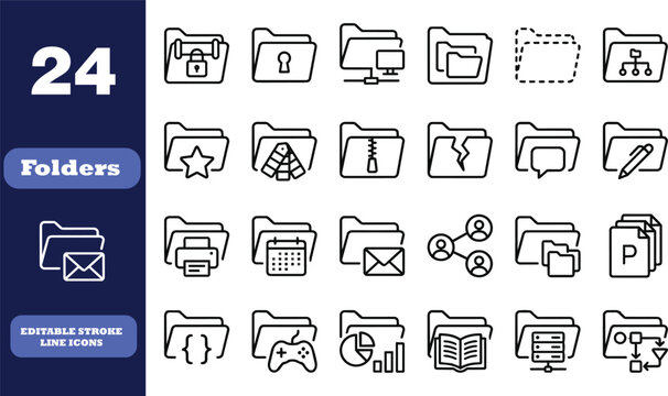 24 folder and file management thin line icons for computer interface