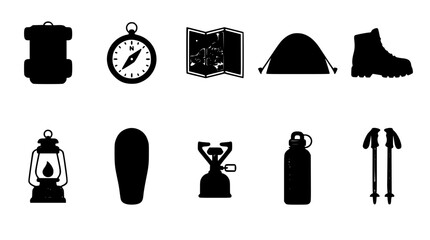 Outdoor camping and hiking equipment silhouette icons set featuring backpack compass map tent boot lantern stove flask trekking poles © Md Imran