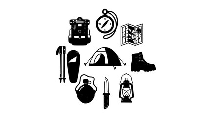 Camping and hiking equipment vector icons set with tent backpack compass map boots lantern knife flask trekking poles © Md Imran