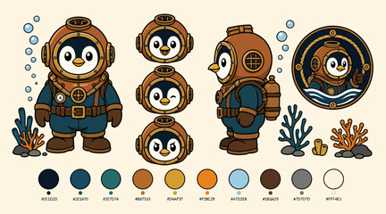 Cute Penguin Divers in Vintage Diving Suits Illustration. © Gakih