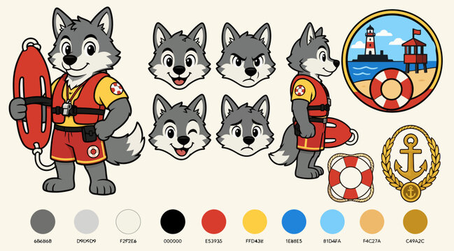 Cartoon Wolf Lifeguard Character with Rescue Gear and Emblems.