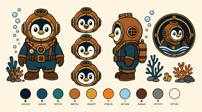 Cute Penguin Divers in Vintage Diving Suits Illustration.