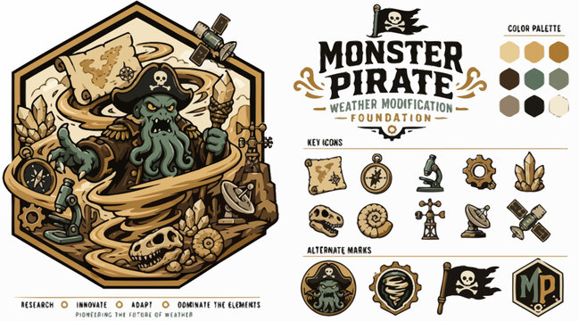 Vintage Pirate Illustration with Octopus and Ship.