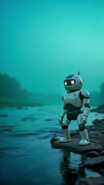 Futuristic Robot Standing on Underwater Seafloor.