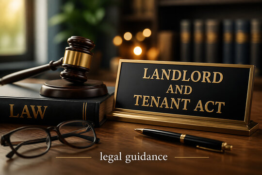 A gavel, law books, and a sign reading Landlord and Tenant Act on a wooden desk.