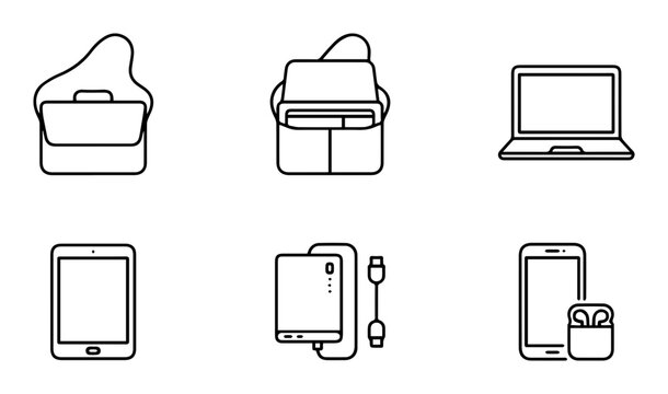 Electronics icons, device symbols, technology signs, 6 pcs vector set