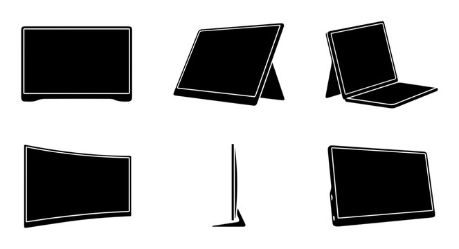 Computer monitor icons, laptop displays, screen silhouettes, vector set