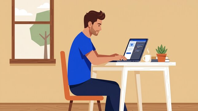 Man working on laptop at desk in front of window in home office with technology