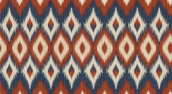 Traditional ikat textile design with diamond shapes in red and navy blue