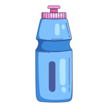 A blue plastic sports water bottle with a pink cap. 