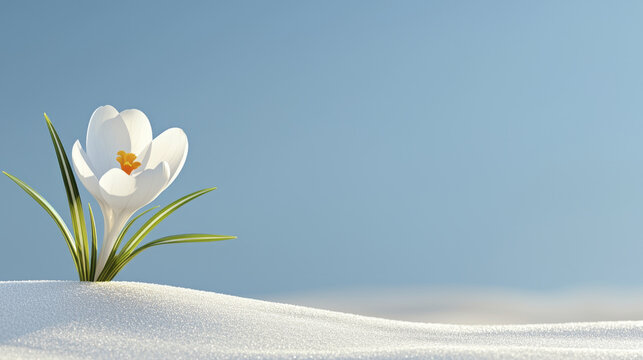 Beautiful crocus flower stands out against soft, snowy background, symbolizing resilience and beauty in nature