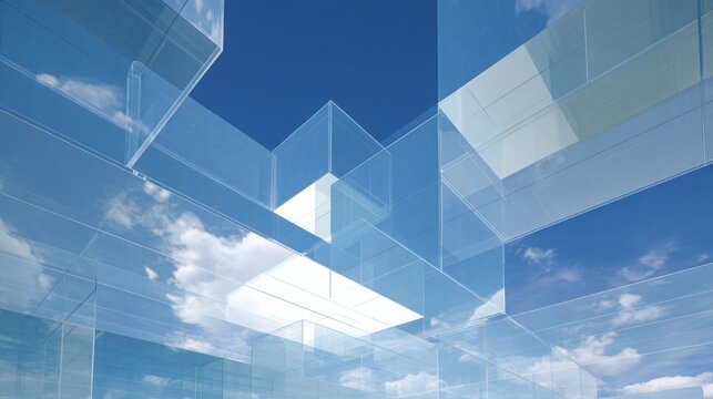 futuristic deconstructivist glass cube architecture, overlapping transparent volumes, reflective surfaces, minimal white structural frames, dramatic